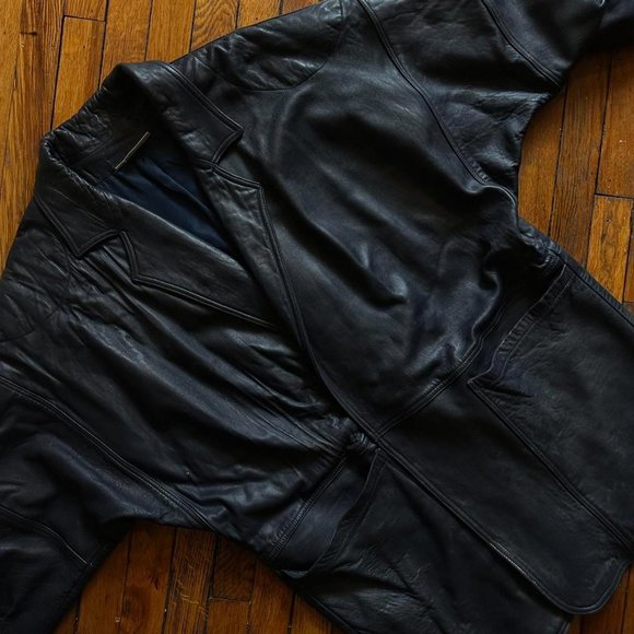 Vintage 80s/90s Monarch New Zealand Tailored Women Dark Blue Real Leather Coat - Picture 2 of 8